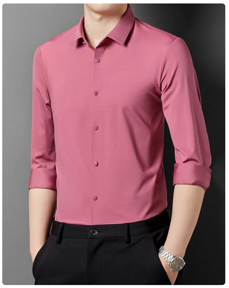 Men's High Quality Solid High Elasticity Seamless Comfortable Long Sleeve Shirts Slim Social Casual Business Formal Dress Shirt