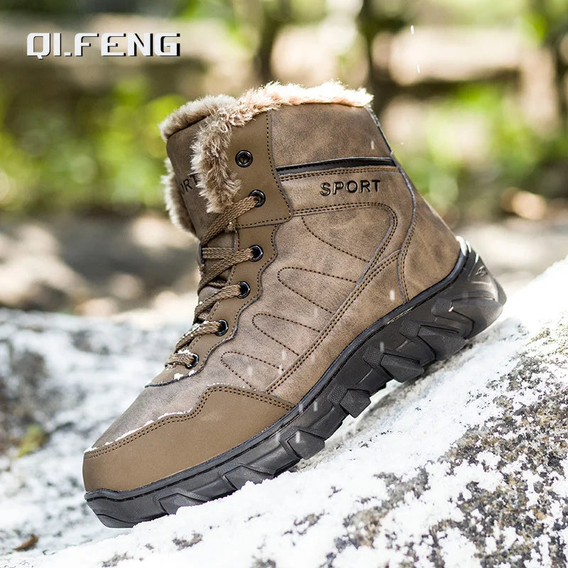 Men's Winter Snow Boots Leather Fabric Thickened Plush Shoes Extra Large Outdoor Mountaineering Anti Slip Training Shoes 39-48