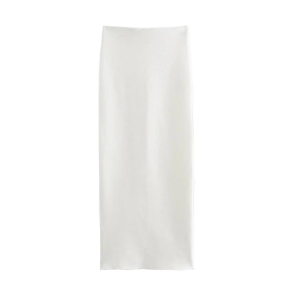 TRAFZA Women 2 Piece Set Solid O-Neck Sleeveless Single Breasted Knitted Vest Top+Elastic Waist Slit Hem Design Slim Midi Skirt