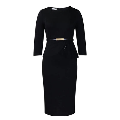 L-3XL Plus Size Elegant Midi Dress 2025 Spring Summer Women Office Lady Dress Casual 3/4 Sleeve Bandage Robe Oversize Dress