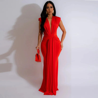 Dress Women Long Dresses Deep V Neck Sleeveless Solid Slim Fit Tight Waist Sexy Elegant Splice Hip Wrap Temperament Vestidos
