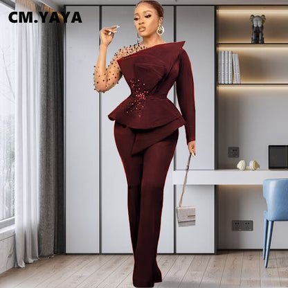CM.YAYA Vintage Women  Beading Mesh Patchwork Ruffles Fan-shaped Blazer Tops and Pants Suit Two 2 Piece Set Outfits Tracksuit