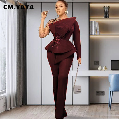 CM.YAYA Vintage Women  Beading Mesh Patchwork Ruffles Fan-shaped Blazer Tops and Pants Suit Two 2 Piece Set Outfits Tracksuit