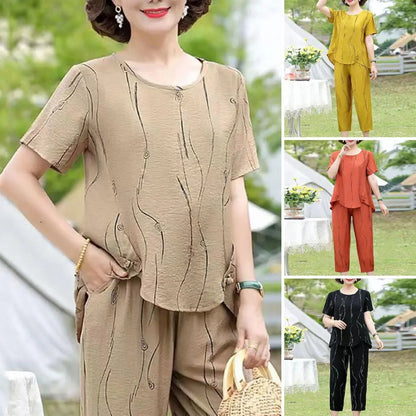 2023 Summer Women's Trousers Suit Pastoral Fashion Loose Short Sleeve Two Piece Suit Striped Cotton Linen Wild T-shirt Pant Sets