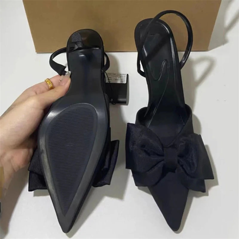 TRAF Black Big Bow Knot High Heel Stilettos New Point Head Slingbacks Pumps For Woman French Sweet Sandals Women Shoes Trend