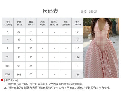 Women's Long Dress Spring Summer 2025 Elegant Hanging Neck V-neck Cinched Waist French Pink Dress Rock Damen Vestido Robe Femme