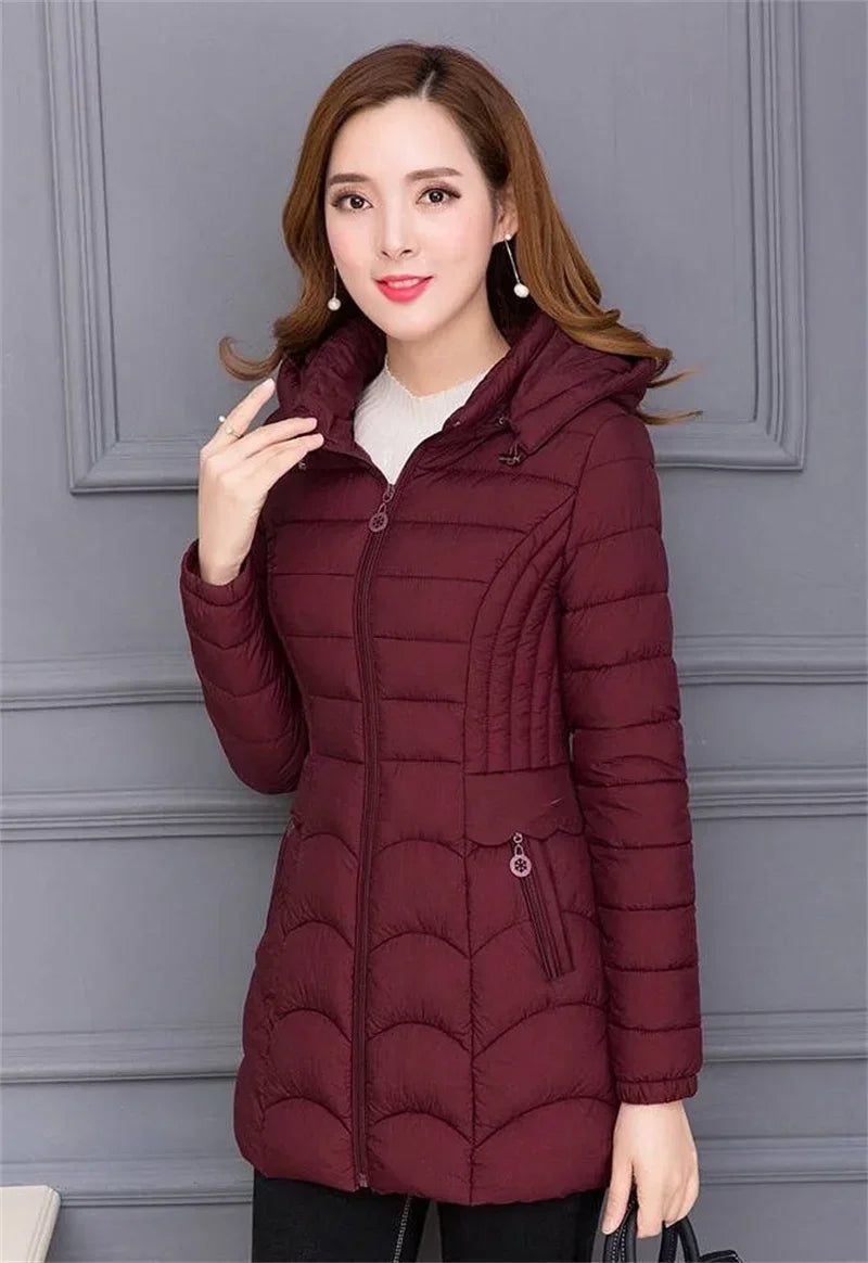 2024Fashion Middle Age Mother Slim Down Cotton Hooded Jacket Plus Size Casual Solid WarmThick Outwear Parka Winter Coat Women