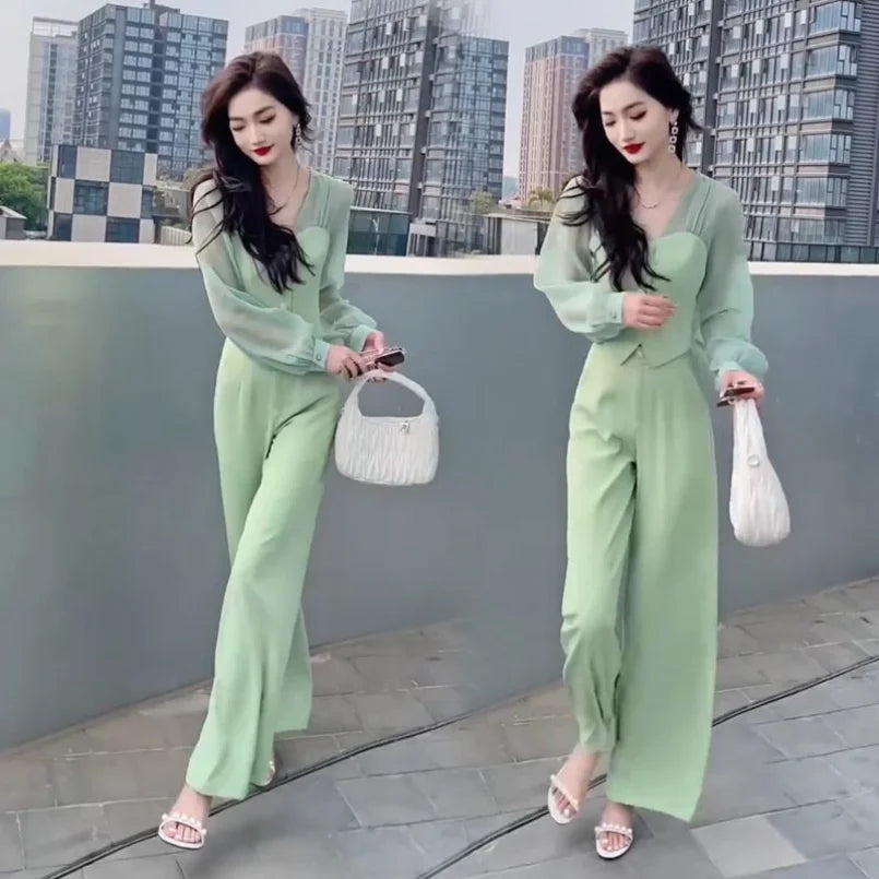 Women's Two Piece Set 2023 Spring/Summer New Casual Celebrity Top Drop Wide Leg Pants Set Women's Summer Trend