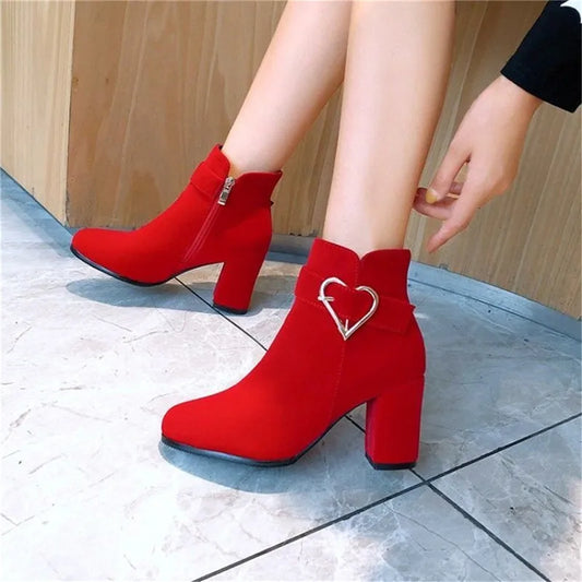 Women's Chunky Heeled Ankle Boots, Solid Color Side Zipper High Heels, Stylish Short Boots