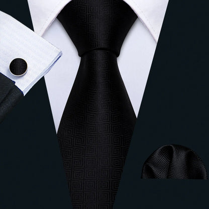 Barry.Wang Black White Gray Silver Silk Men Tie Handkerchief Cufflinks Set Jacquard Necktie for Male Wedding Business Party Gift