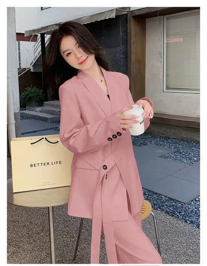 Women's Korean Fashion Long Sleeve Blazer And Wide Leg Pants Two-Piece Set Office Casual Loose Fit Spring Autumn Suits