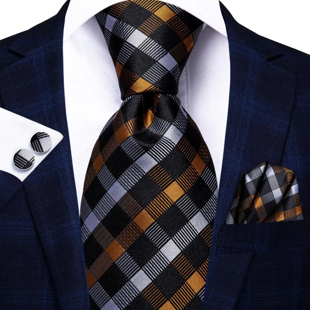 Hi-Tie Psialey Black Gold Silk Elegant Tie For Men Groom Wedding Men Necktie Pocket Square Cufflink Accessory Wholesale Designer