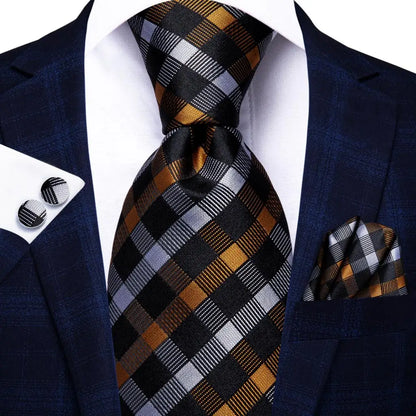 Hi-Tie Psialey Black Gold Silk Elegant Tie For Men Groom Wedding Men Necktie Pocket Square Cufflink Accessory Wholesale Designer