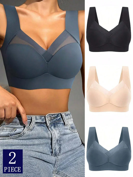 2PCS Women Lace Sport Bras Plus Size Seamless Bra Bralette Backless Lady Brassiere Vest Female Gather Shock-Proof Wireless L-3XL