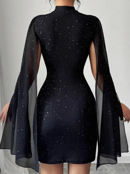 Spring New Party Tight Sexy Dress Women O Neck Solid Fashion Sequin Cape Mesh Women's Mini Skirt With Hip Wrap Dress Vestidos