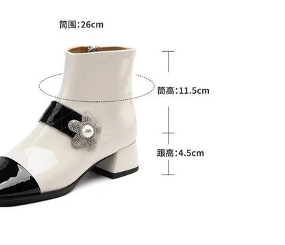 FHC Mixed Colors Ankle Boots,Women's Short Botas,Autumn/Winter Shoes Booties,Square Toe,Pearls,Side Zip,Black,White,Dropship
