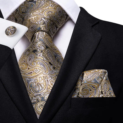Hi-Tie Paisley Brown Tie For Men Elegant Mens Necktie Pocket Square Cufflink Groom Wedding Accessory Wholesale New Designer