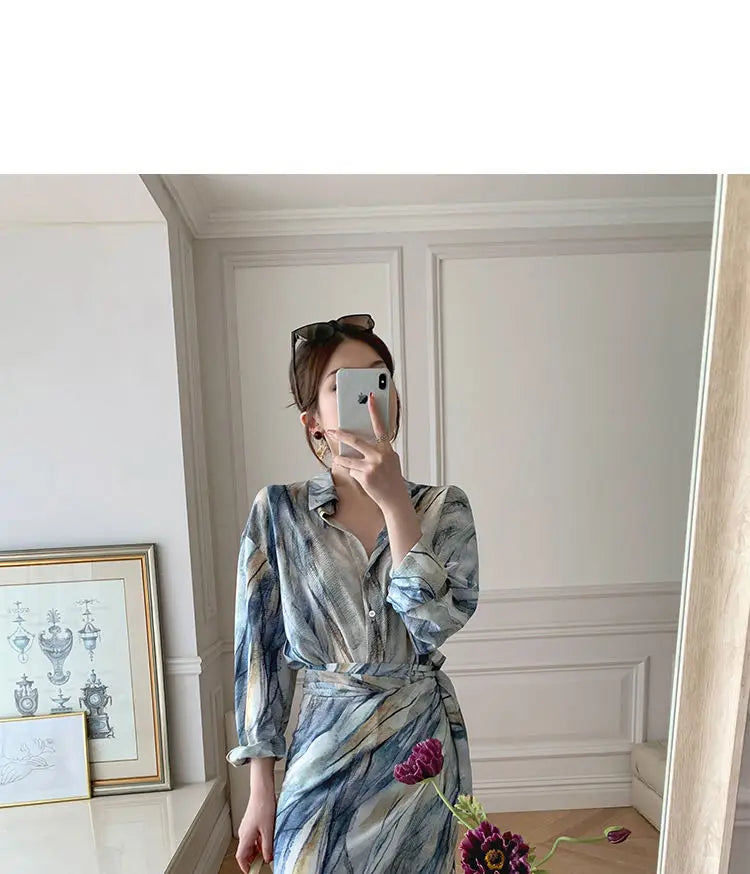 Spring Autumn New Fashion Dress Sets Women Turn-down Collar Long Sleeve Button Printing Shirt Lacing Mid-length A-line Skirt