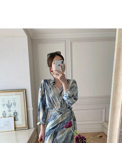 Spring Autumn New Fashion Dress Sets Women Turn-down Collar Long Sleeve Button Printing Shirt Lacing Mid-length A-line Skirt