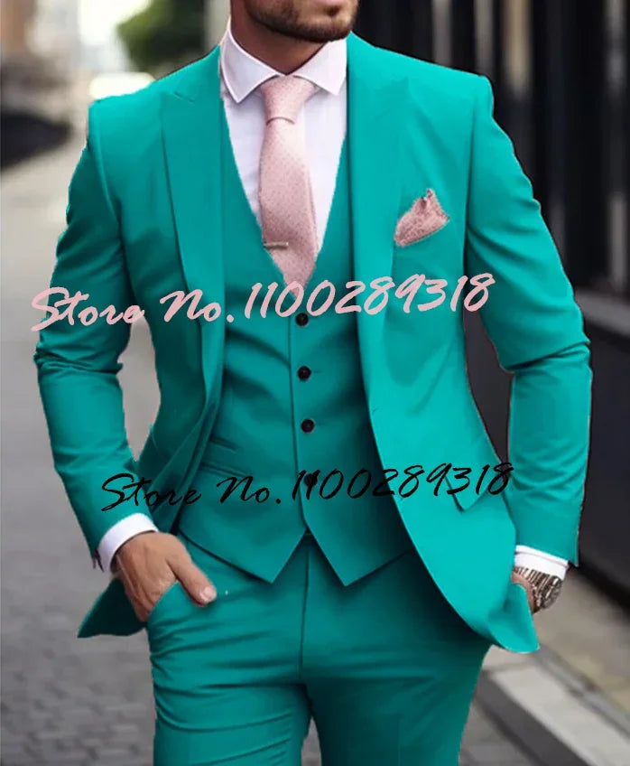 Pink Luxury Men's Suits Terno Formal Outfits 3 Piece Jacket Pants With Vest Slim Fit Luxury Costume Homme Formal Occasion Terno