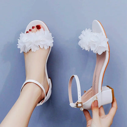 Flower Band Bridesmaide Shoes Woman Wedding High Heels Sandals Ankle Strap Wedges Cover Heeled Tacones Ladies Office Dress Pumps