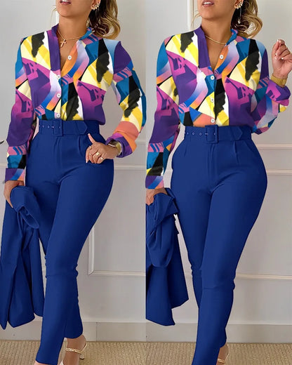 Women's Elegant Autumn/Winter Printed V-Neck Long Sleeve Button Shirt Top Fashion Solid Color Long Pants 2 Piece Set With Belt
