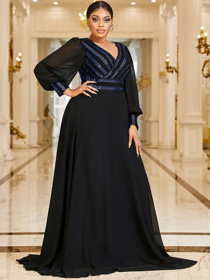 Plus Size V Neck Stripe Sequined Chiffon Dress 5XL 6XL Big Size Black Maxi Long Sleeve Spring Gold Stripe Luxury Evening Dresses