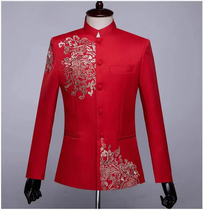 New Men Standing Collar Embroidered Suit 2 Piece Fashion Male Business Social Wedding Prom Stage Performance Dress Blazer Pant