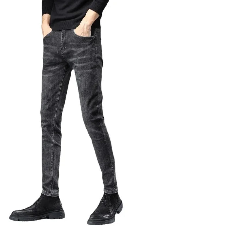 New Trendy Black Grey Jeans For Men Elastic Slim Fit Smooths Your Silhouette Casual Style Korean Version Versatile Long Pants