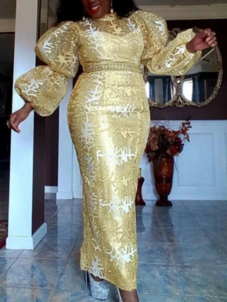 Gold Embroidery Sequin Dresses for Women Stand Collar Cute Puff Long Sleeve Luxury Midi Dress Modest Chic 2025 Party Event Gowns