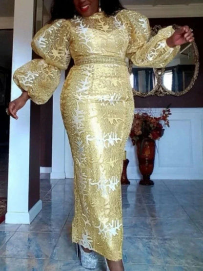 Gold Embroidery Sequin Dresses for Women Stand Collar Cute Puff Long Sleeve Luxury Midi Dress Modest Chic 2025 Party Event Gowns