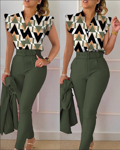 Elegant Women Printed Two Piece Suit Sets Spring Autumn V Neck Short Sleeve Shirt Top & Long Pants Set With Belt Workwear Outfit