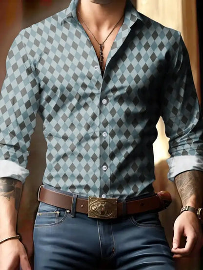 Men's shirt regular lapel shirt men's 3d printing triangle geometric printing casual street long sleeve fashion printed shirt