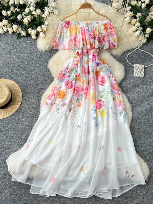 Summer French Floral Chiffon Dress Women Off Shoulder Slim High Quality Sheer Elastic Spring Vacation Print Ruffles Long Dresses