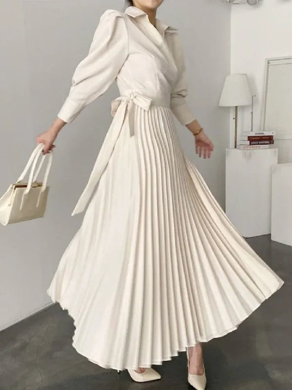 Spring Women Dress Solid Color Puff Sleeves Lace-up Waist A-line Pleated Dresses Elegant Commuter Dress for Office Ladies