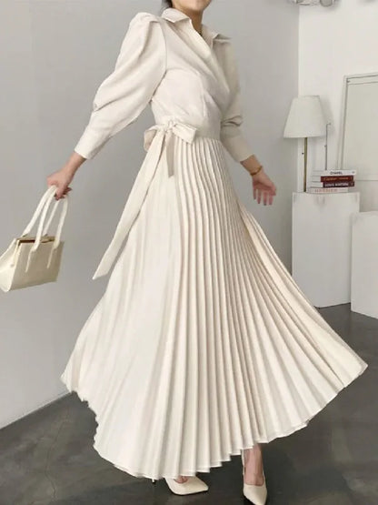 Spring Women Dress Solid Color Puff Sleeves Lace-up Waist A-line Pleated Dresses Elegant Commuter Dress for Office Ladies