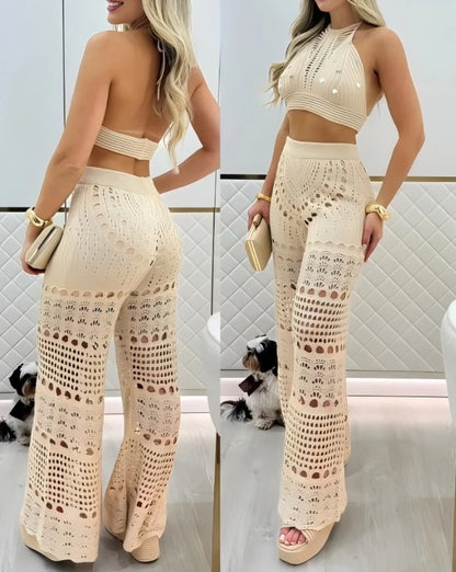 Women's Sexy Suits 2025 Spring Summer Latest 2 Piece Thick Strap Button Front Slim Fit Tank Top High Waist Wide Leg Pants Set