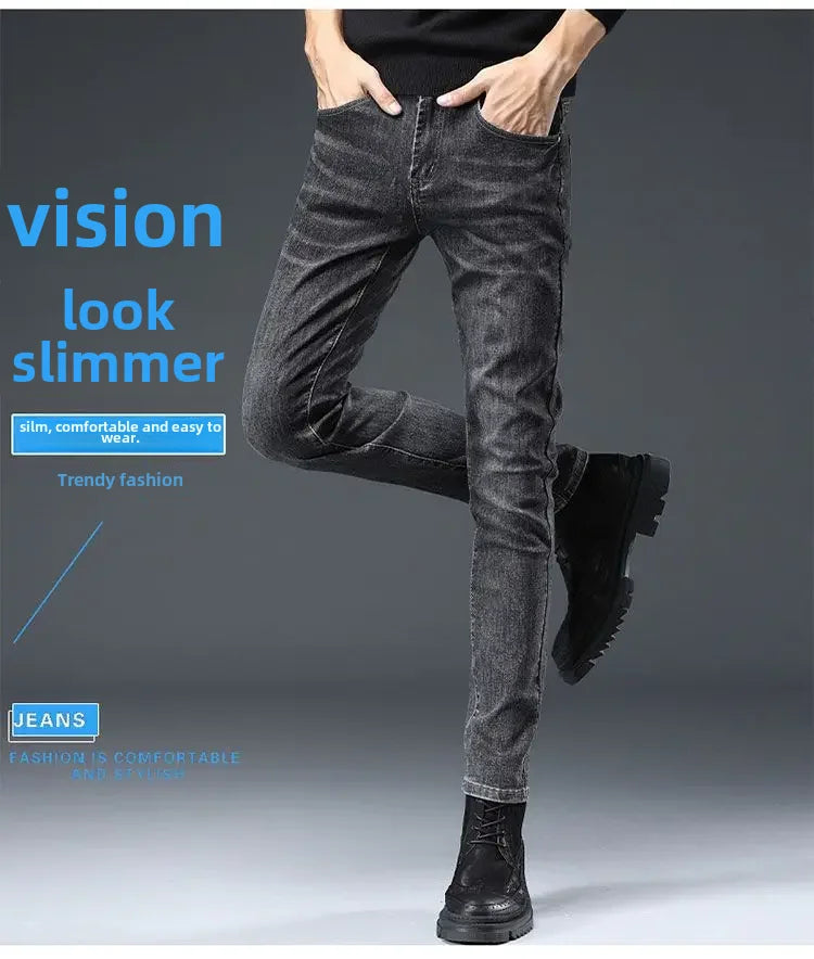 New Trendy Black Grey Jeans For Men Elastic Slim Fit Smooths Your Silhouette Casual Style Korean Version Versatile Long Pants