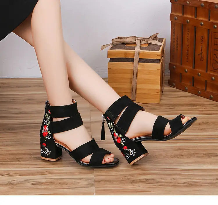 Ethnic Style Embroidered Mid-heel Sandals,  Summer Casual Thick Heels Elegant Vintage Open-toed Embroidered Shoes, Women's Shoes