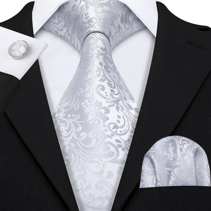 Barry.Wang Black White Gray Silver Silk Men Tie Handkerchief Cufflinks Set Jacquard Necktie for Male Wedding Business Party Gift