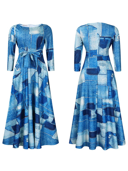 Women's 2024 Autumn New Style Fashionable Elegant Temperament Fashionable Printed Strap Waist Large Skirt Large Size Dress
