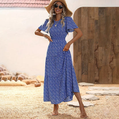Spring Summer Tierred Dress Women Midi Dresses Female Short Sleeve Elastic Waist Printed Floral Pleated Backless Casual Dress