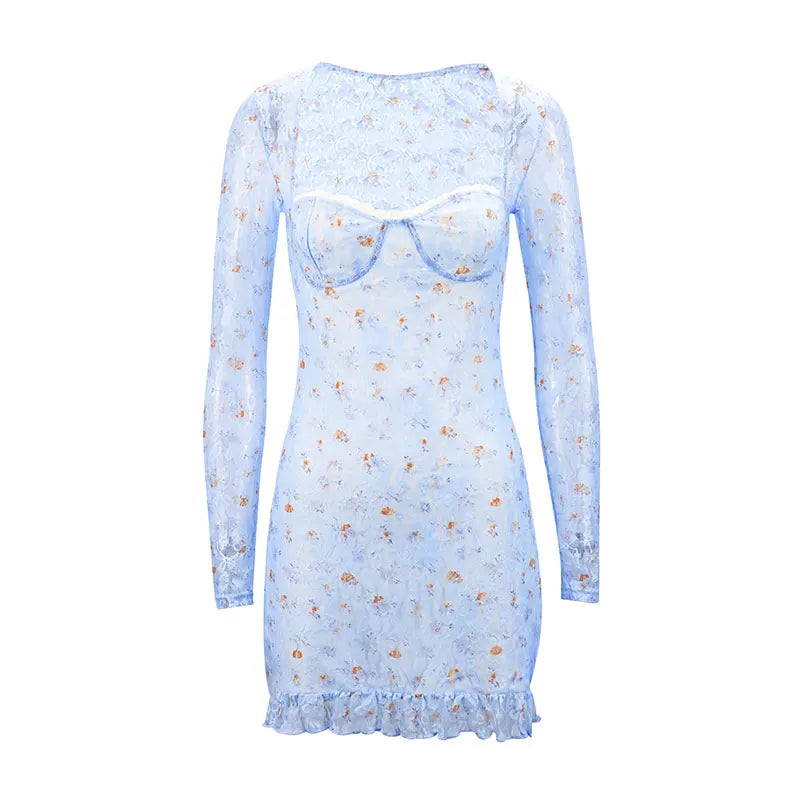 Spring New Women's Dresses Sexy Low Chest Lace Print Mini Dress Fashion Long Sleeves Casual Slim Elegant Female Dresses Clothing