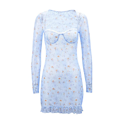 Spring New Women's Dresses Sexy Low Chest Lace Print Mini Dress Fashion Long Sleeves Casual Slim Elegant Female Dresses Clothing