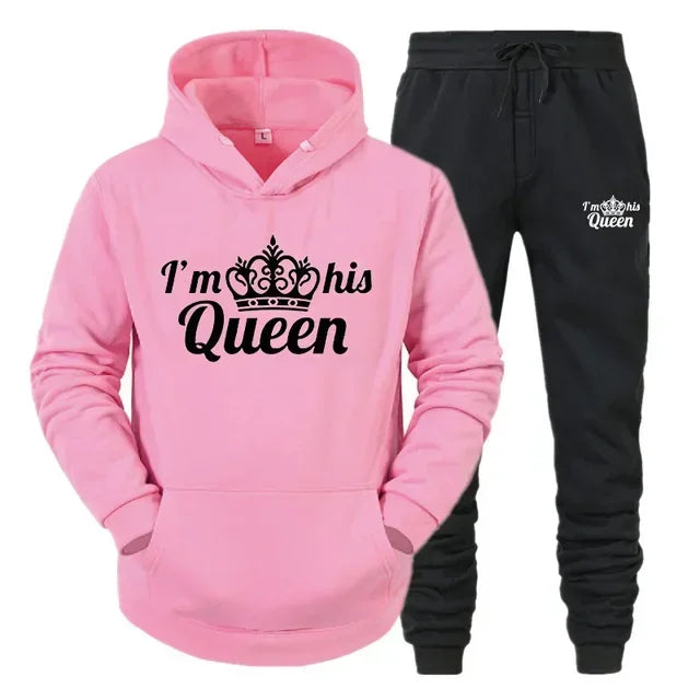 Lover Tracksuit Hoodies Printing QUEEN KING Couple Sweatshirt Hooded Clothes Hoodies Women 2 Piece Set Men Women Sportwear