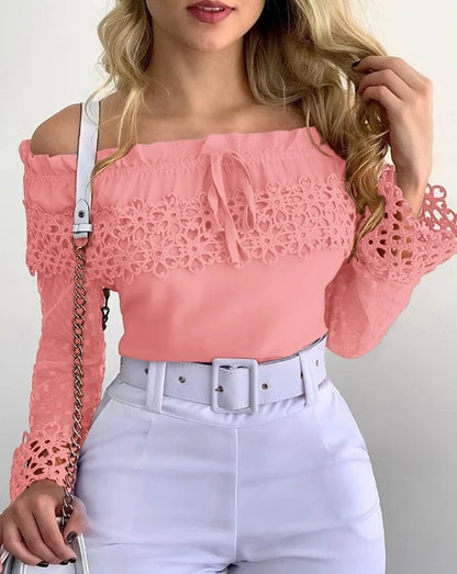 Elegant Women's blouses Fashion 2024 Lace Spliced Off Shoulder Guipure Lace Long Sleeve Tassel Drawstring Top