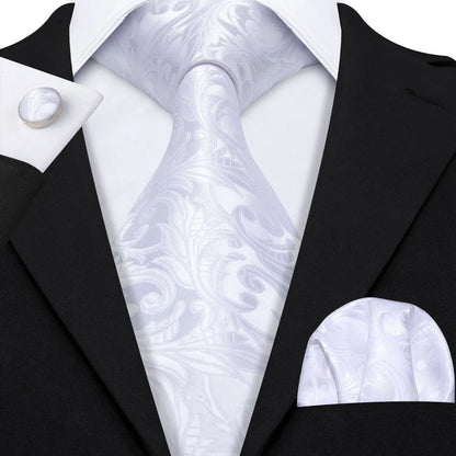 Barry.Wang Black White Gray Silver Silk Men Tie Handkerchief Cufflinks Set Jacquard Necktie for Male Wedding Business Party Gift