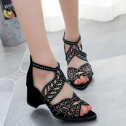 2022 New Style Women Summer Hollow Out Faux Leather Rhinestones Thick Heel Zipper Sandals Shoes Eur 35-41