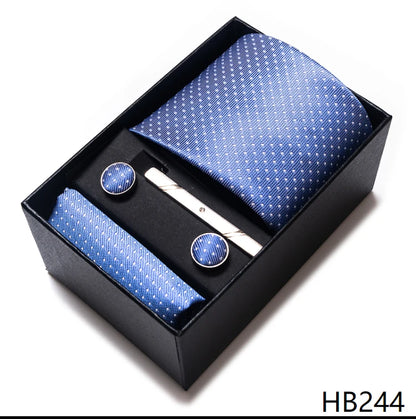 Tie Handkerchief Cufflink Set For Men Necktie Holiday Gift Box Blue Gold Suit Accessories Slim Wedding Gravatas