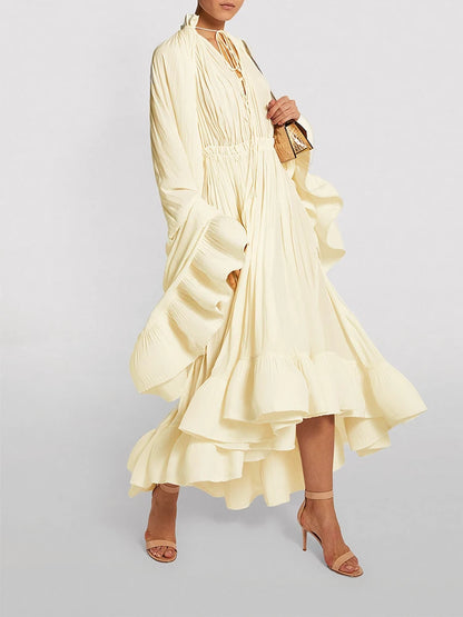 TWOTWINSTYLE Elegant Solid Dresses For Women V Neck Cloak Sleeves High Waist Spliced Lace Up Ruffles Pleated Dress Female Summer